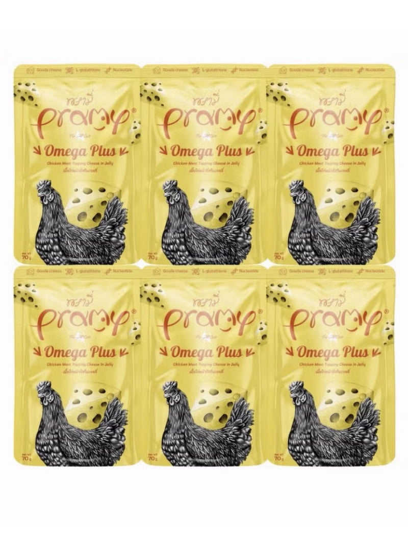 Pramy Damp food for cats with chicken and cheese flavor for all ages – 6 packs x 70g – enhanced with omega 3, 6 and 9 for skin and fur health – wet protein-rich and nutritious food for cats. - Image 1